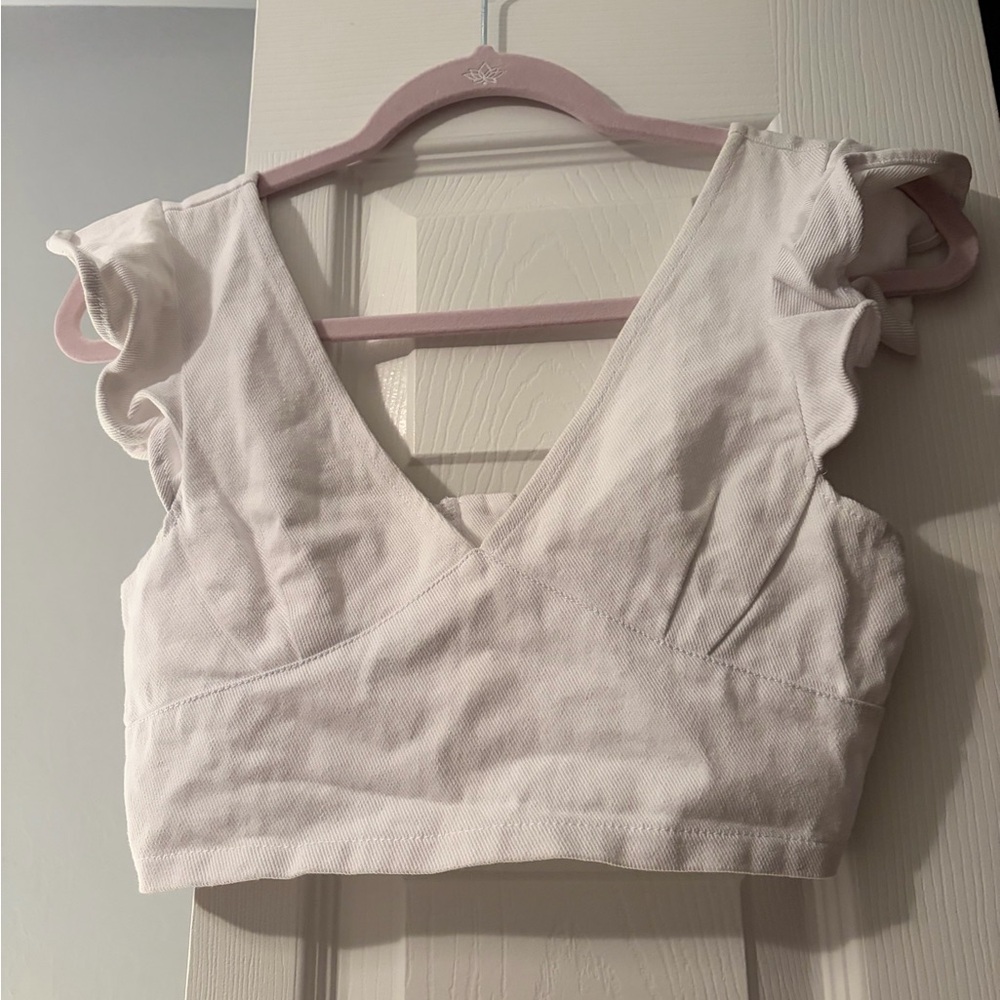 White Ruffled Sleeve Denim Top